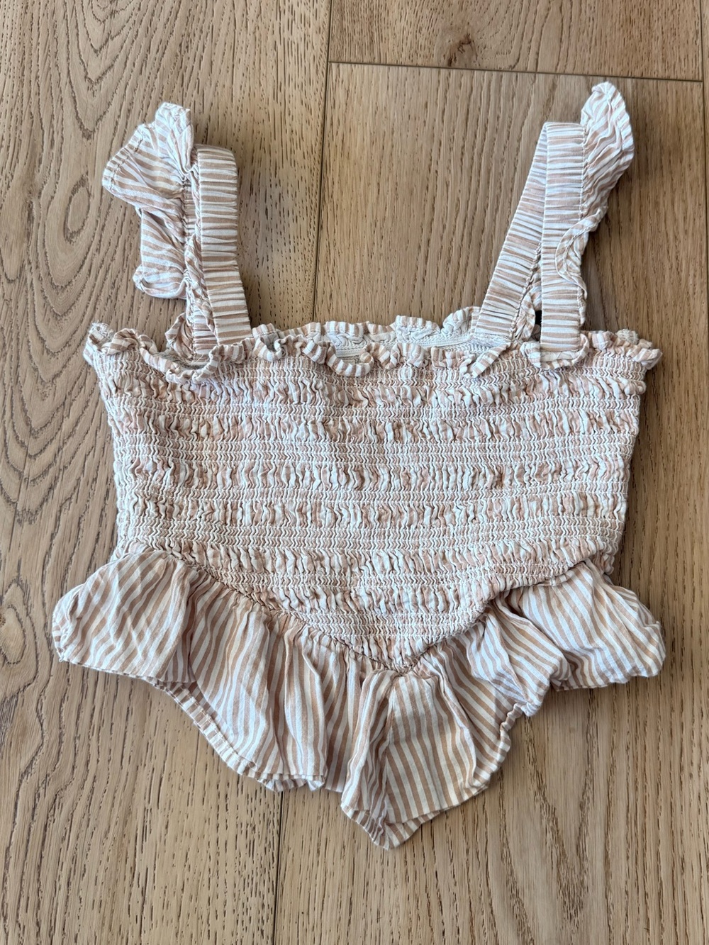 Smocked Striped Ruffle Crop - Beige